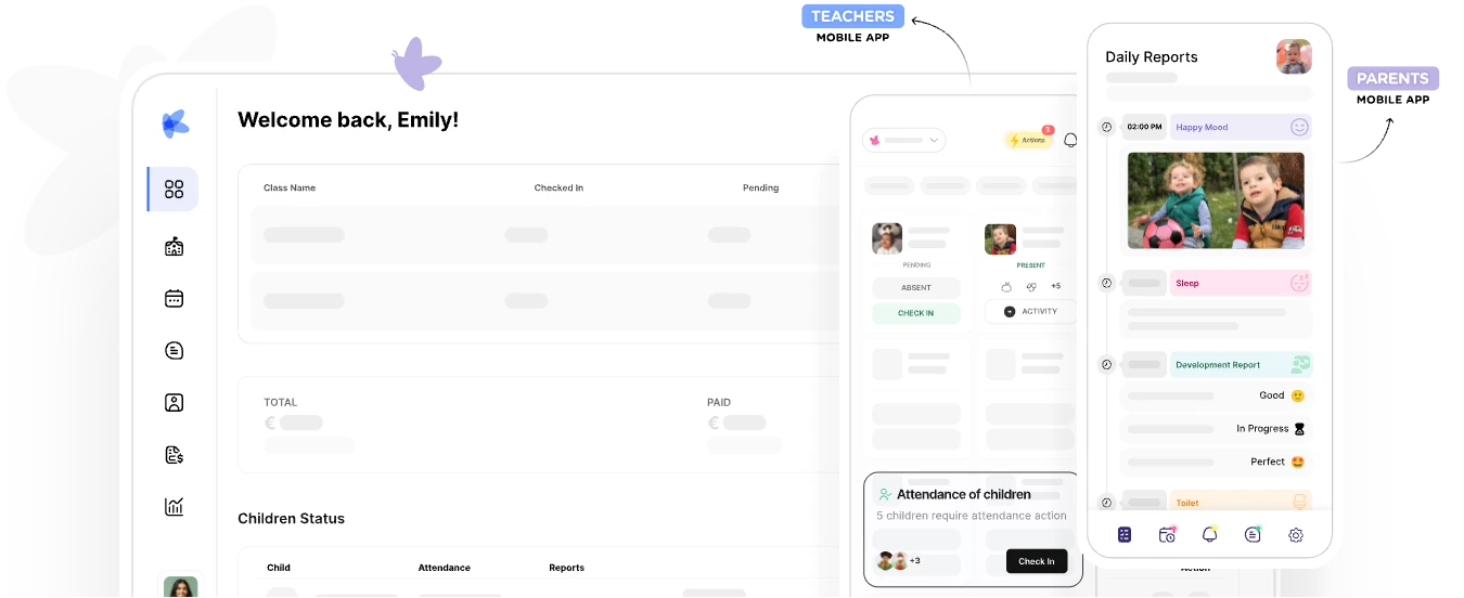 kidsday platform showing desktop dashboard, teacher mobile app, and parent mobile app